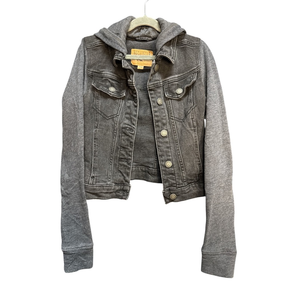 Hollister Gray Denim Jacket Sweatshirt Sleeves XXS Stretch Casual Button Packets